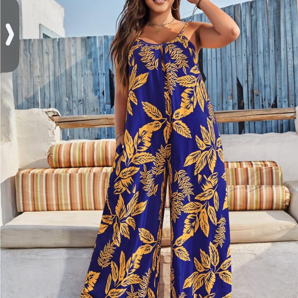 SHEIN Blue and Yellow Tropical Print Jumpsuit